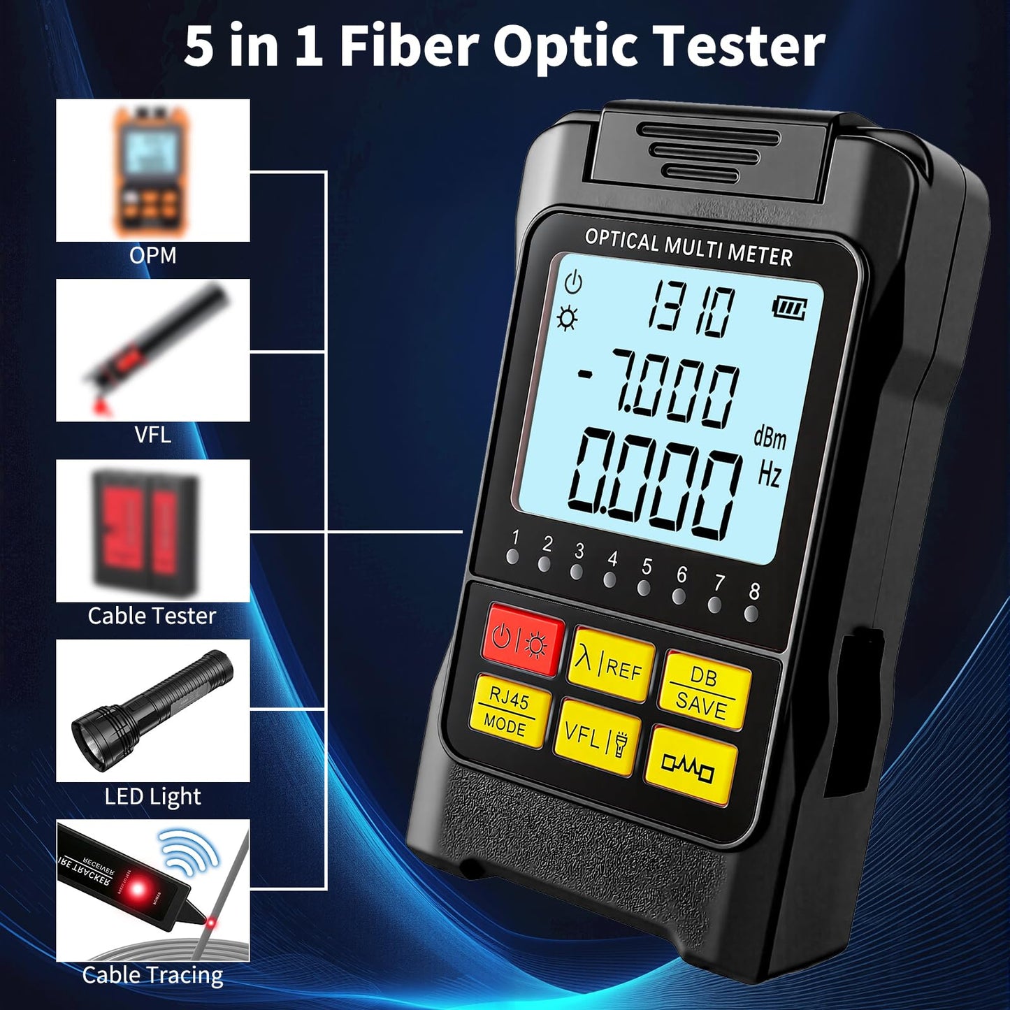 Portable 5-in-1 Fiber Optic Tester with OPM, 15mW VFL & Cable Finder